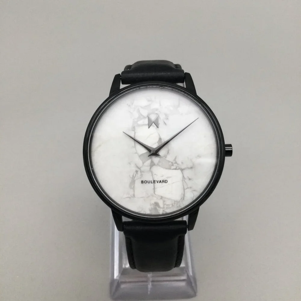 MVMT Boulevard Marble Watch Men 38mm Black Leather Band New Battery